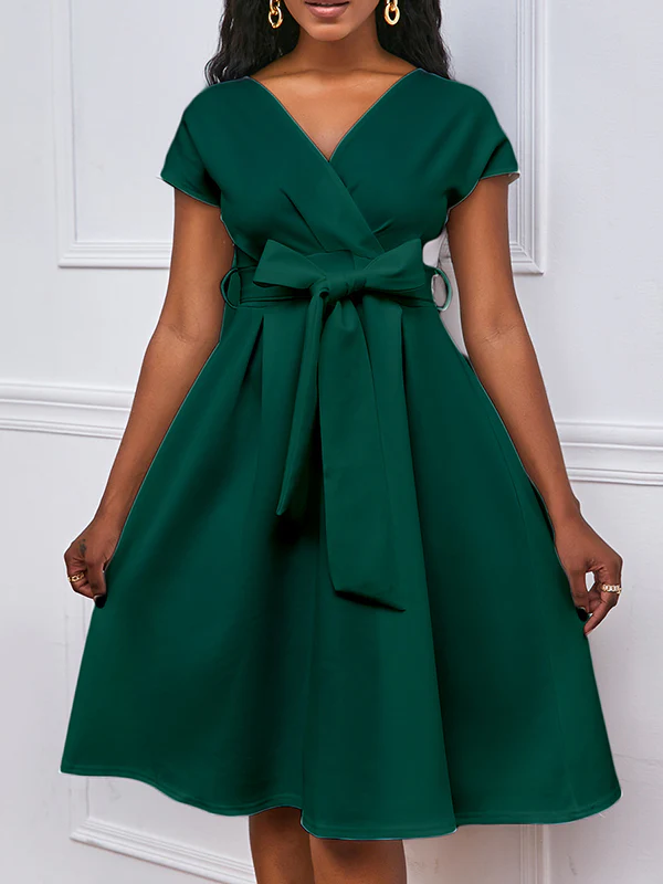 Bowknot Lace-Up Solid Color V-Neck Midi Dresses - Image 5