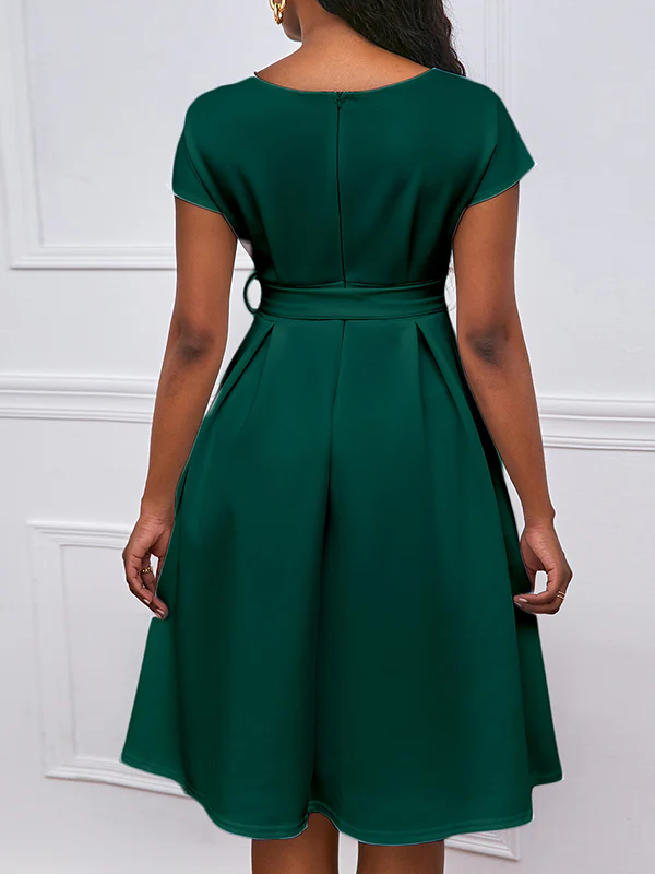 Bowknot Lace-Up Solid Color V-Neck Midi Dresses - Image 6