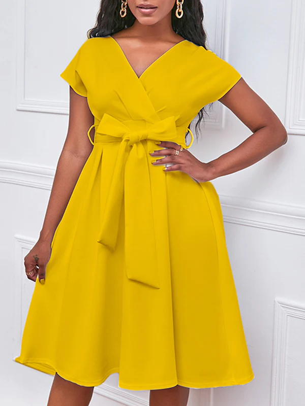 Bowknot Lace-Up Solid Color V-Neck Midi Dresses - Image 7
