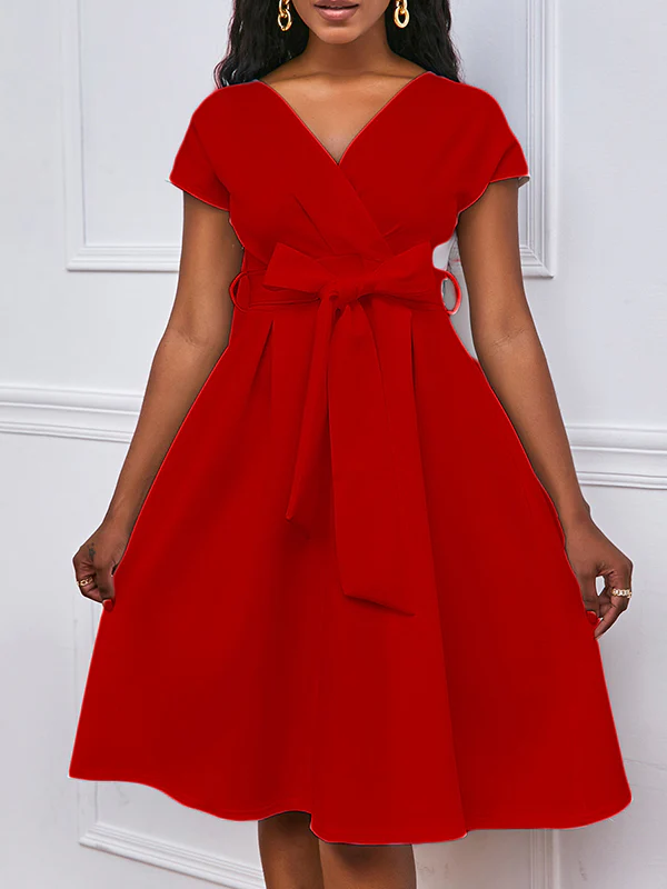 Bowknot Lace-Up Solid Color V-Neck Midi Dresses - Image 8