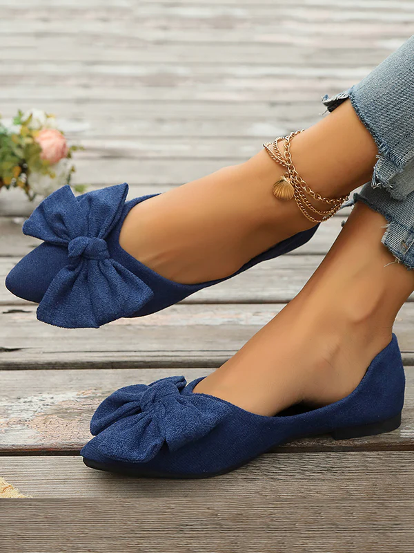 Bowknot Pleated Pointed-Toe Shallow Cut Split-Joint Flat Shoes - Image 4