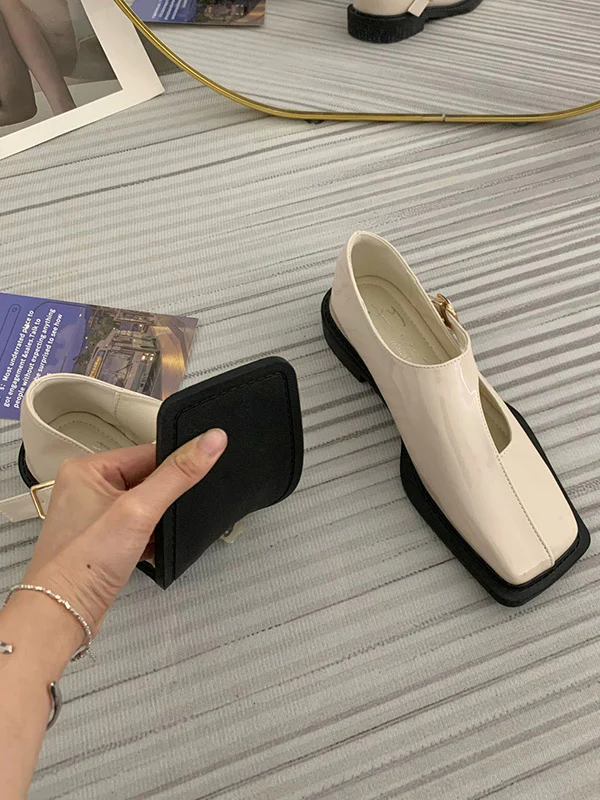Buckle Hollow Split-Joint Square-Toe Flat Shoes Loafers - Image 11