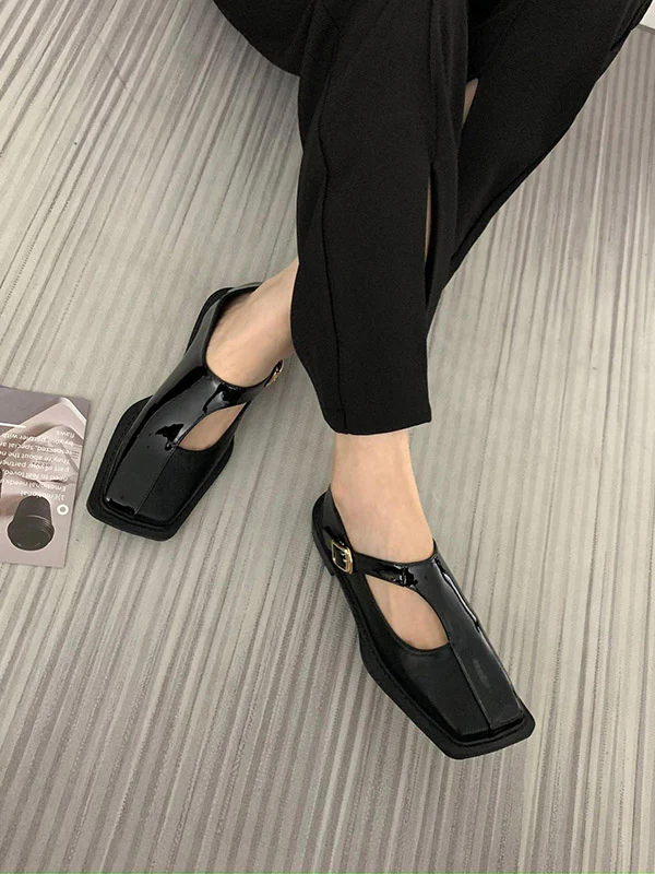 Buckle Hollow Split-Joint Square-Toe Flat Shoes Loafers - Image 2
