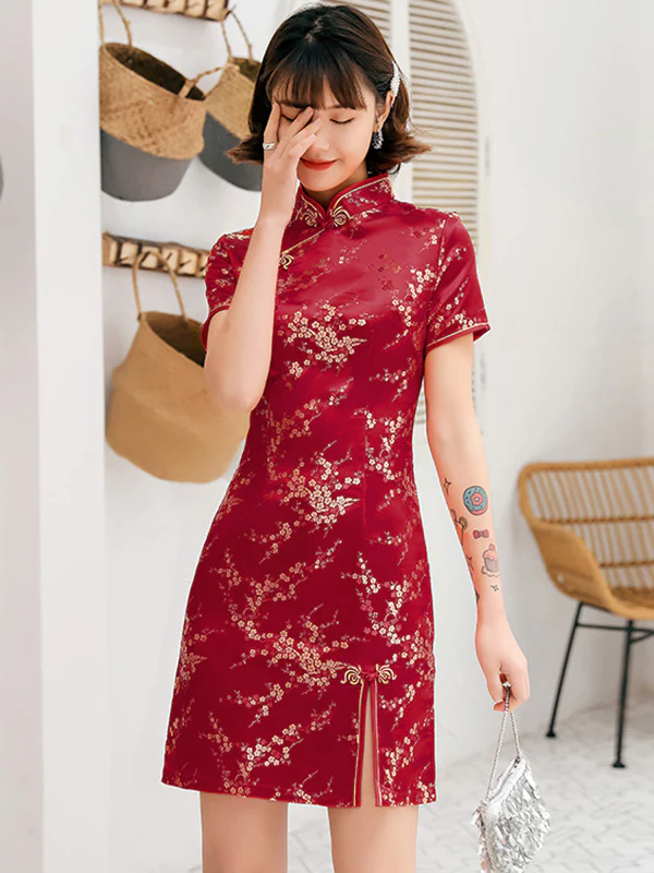 Burgundy&Red Plum Blossom Print Stand Collar Short Cheongsam - Image 2
