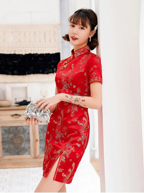 Burgundy&Red Plum Blossom Print Stand Collar Short Cheongsam - Image 3