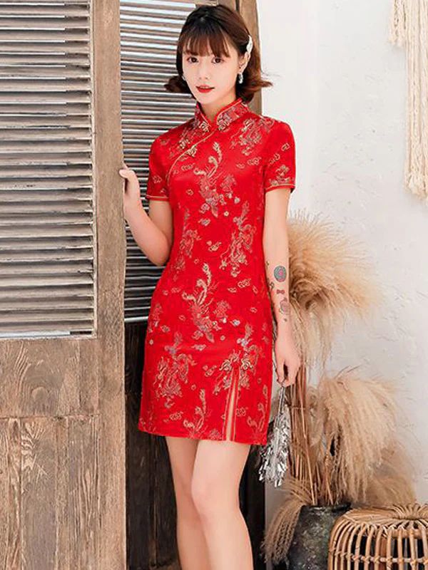 Burgundy&Red Plum Blossom Print Stand Collar Short Cheongsam - Image 4