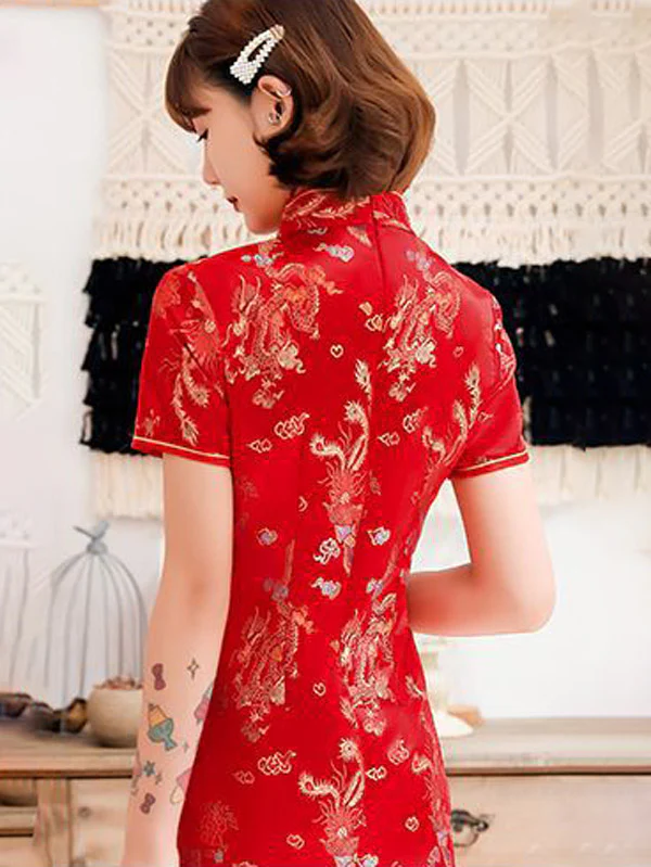 Burgundy&Red Plum Blossom Print Stand Collar Short Cheongsam - Image 5