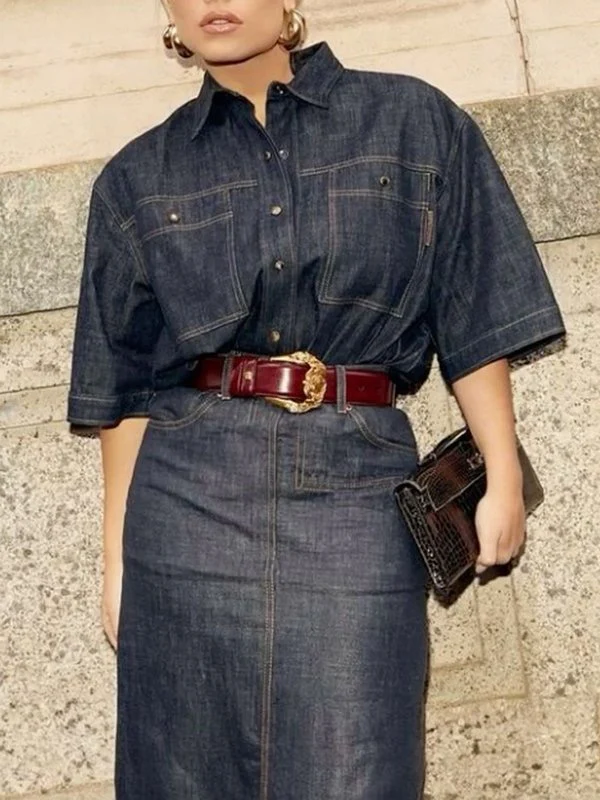 Half Sleeves Loose Buttoned Lapel Blouses&Shirts Tops - Image 3