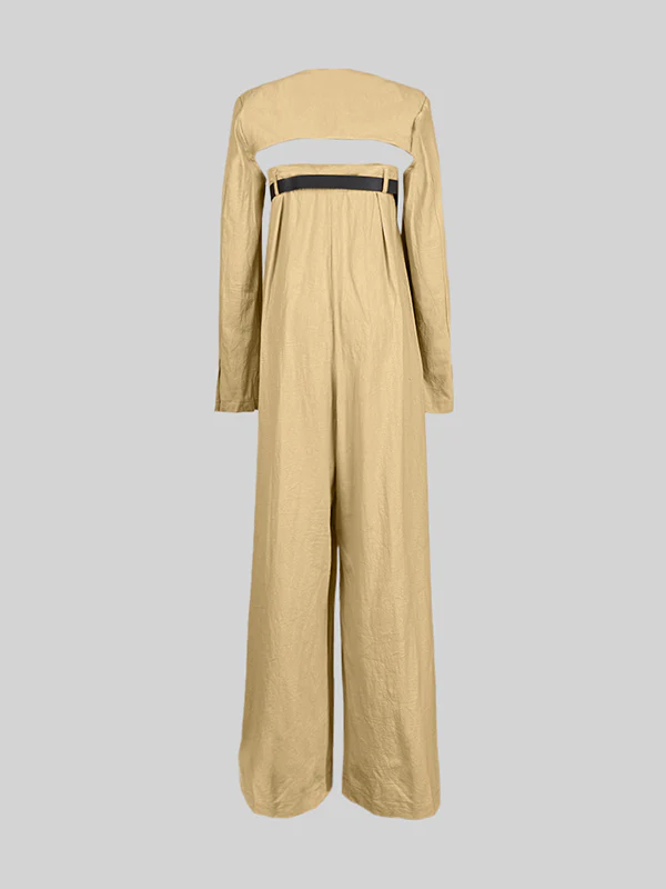 Buttoned Long Sleeves Collarless Outerwear Top + Wide Leg Belted Jumpsuits Two Pieces Set - Image 10