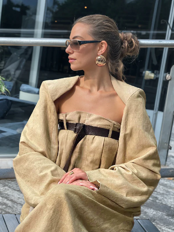 Buttoned Long Sleeves Collarless Outerwear Top + Wide Leg Belted Jumpsuits Two Pieces Set - Image 3