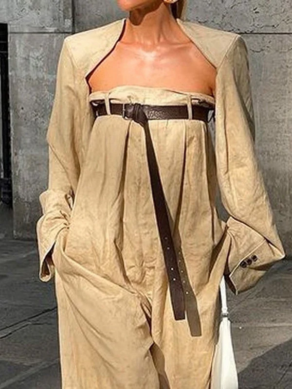 Buttoned Long Sleeves Collarless Outerwear Top + Wide Leg Belted Jumpsuits Two Pieces Set - Image 4