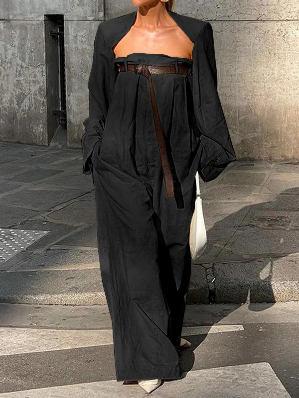 Buttoned Long Sleeves Collarless Outerwear Top + Wide Leg Belted Jumpsuits Two Pieces Set - Image 6