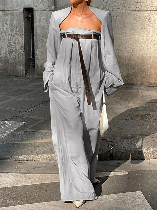 Buttoned Long Sleeves Collarless Outerwear Top + Wide Leg Belted Jumpsuits Two Pieces Set - Image 7