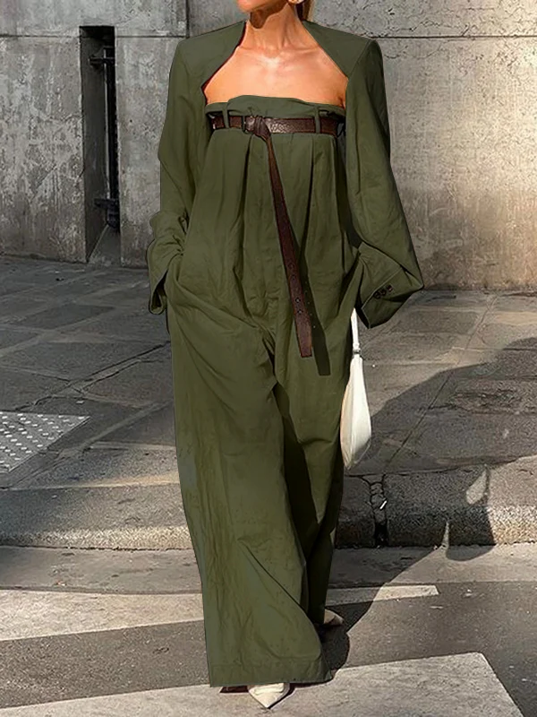 Buttoned Long Sleeves Collarless Outerwear Top + Wide Leg Belted Jumpsuits Two Pieces Set - Image 8