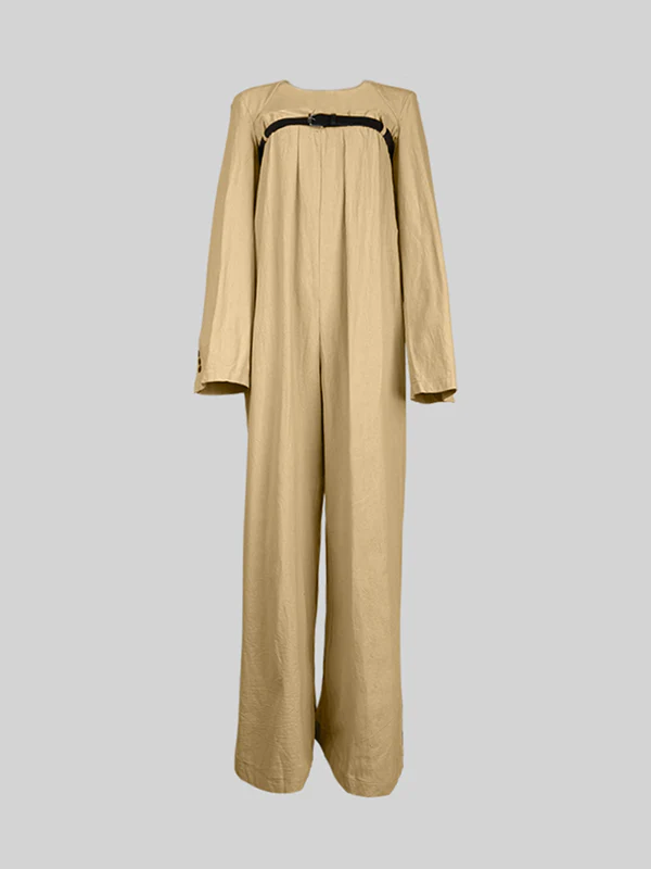 Buttoned Long Sleeves Collarless Outerwear Top + Wide Leg Belted Jumpsuits Two Pieces Set - Image 9