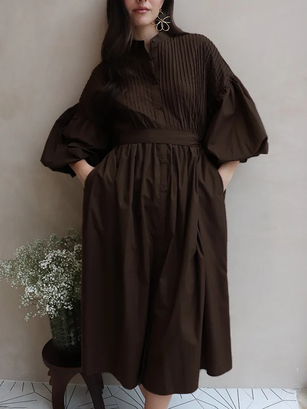 Half Sleeves Loose Buttoned Pleated Solid Color Tied Waist Stand Collar Maxi Dresses - Image 10
