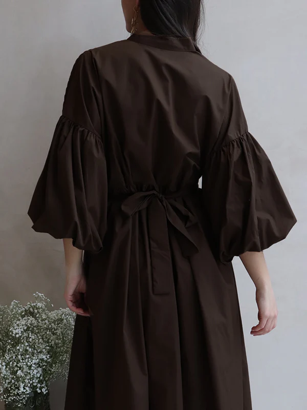 Half Sleeves Loose Buttoned Pleated Solid Color Tied Waist Stand Collar Maxi Dresses - Image 12