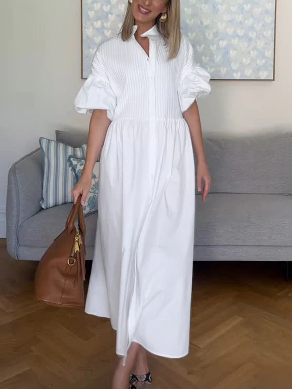 Half Sleeves Loose Buttoned Pleated Solid Color Tied Waist Stand Collar Maxi Dresses - Image 3