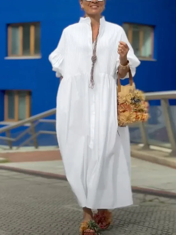 Half Sleeves Loose Buttoned Pleated Solid Color Tied Waist Stand Collar Maxi Dresses - Image 4
