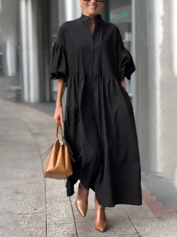 Half Sleeves Loose Buttoned Pleated Solid Color Tied Waist Stand Collar Maxi Dresses - Image 5