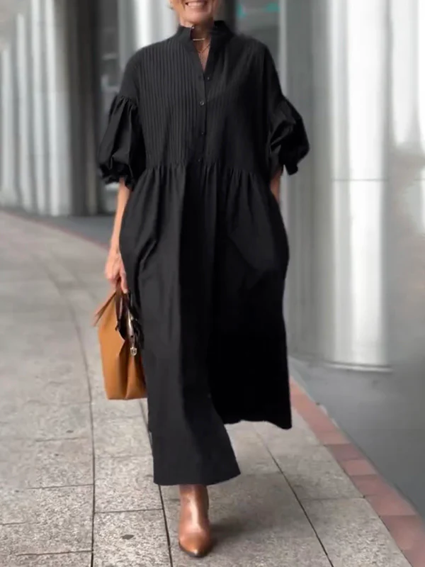 Half Sleeves Loose Buttoned Pleated Solid Color Tied Waist Stand Collar Maxi Dresses - Image 6