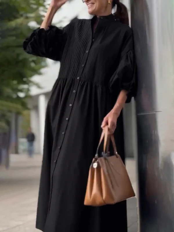 Half Sleeves Loose Buttoned Pleated Solid Color Tied Waist Stand Collar Maxi Dresses - Image 7