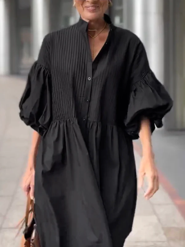 Half Sleeves Loose Buttoned Pleated Solid Color Tied Waist Stand Collar Maxi Dresses - Image 8