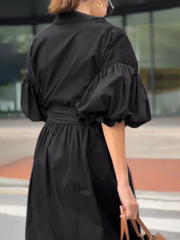 Half Sleeves Loose Buttoned Pleated Solid Color Tied Waist Stand Collar Maxi Dresses - Image 9