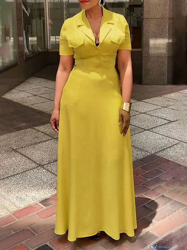 A-Line Loose Buttoned Pockets Solid Color Deep V-Neck Maxi Dresses - Image 2