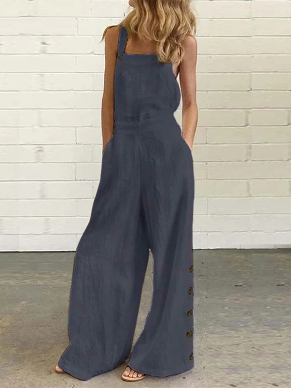 High Waisted Loose Buttoned Pockets Solid Color Spaghetti-Neck Overalls - Image 3