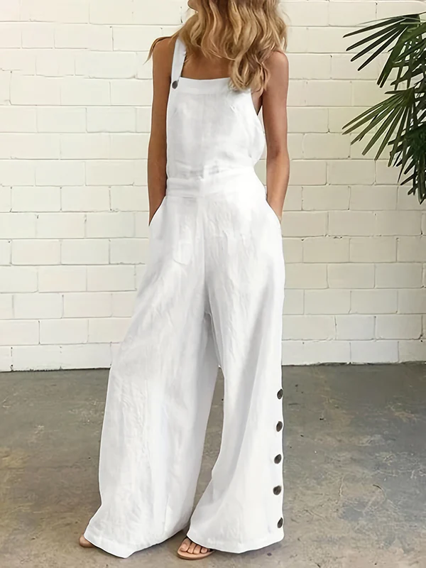 High Waisted Loose Buttoned Pockets Solid Color Spaghetti-Neck Overalls - Image 4