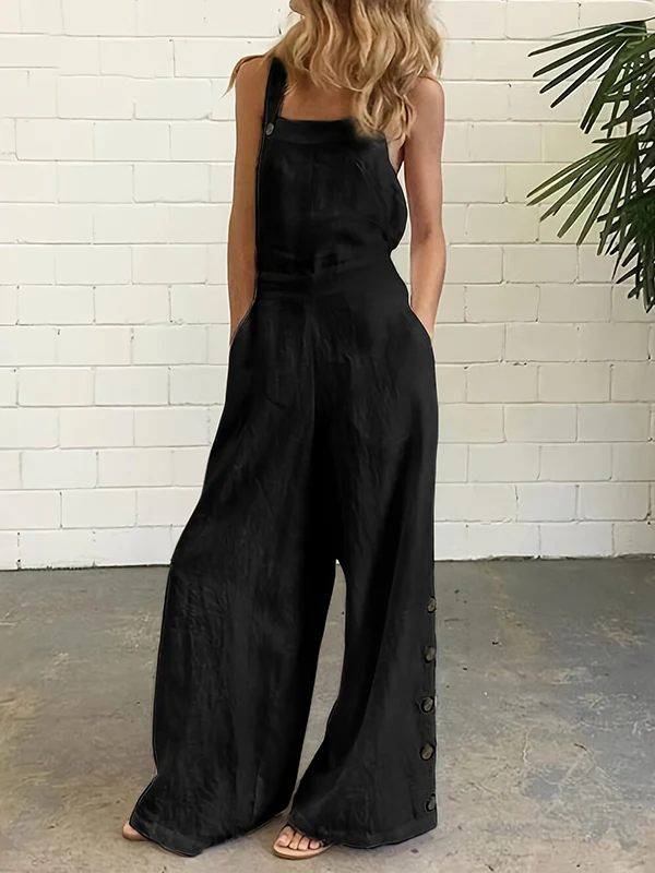 High Waisted Loose Buttoned Pockets Solid Color Spaghetti-Neck Overalls - Image 5