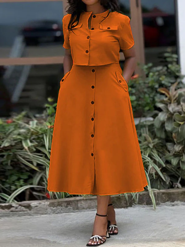 Buttoned Pockets Split-Joint Round-Neck T-Shirt Top + A-Line High Waisted Skirts Bottom Two Pieces Set - Image 2