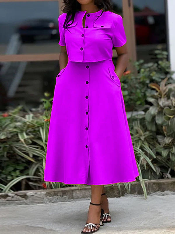 Buttoned Pockets Split-Joint Round-Neck T-Shirt Top + A-Line High Waisted Skirts Bottom Two Pieces Set - Image 3