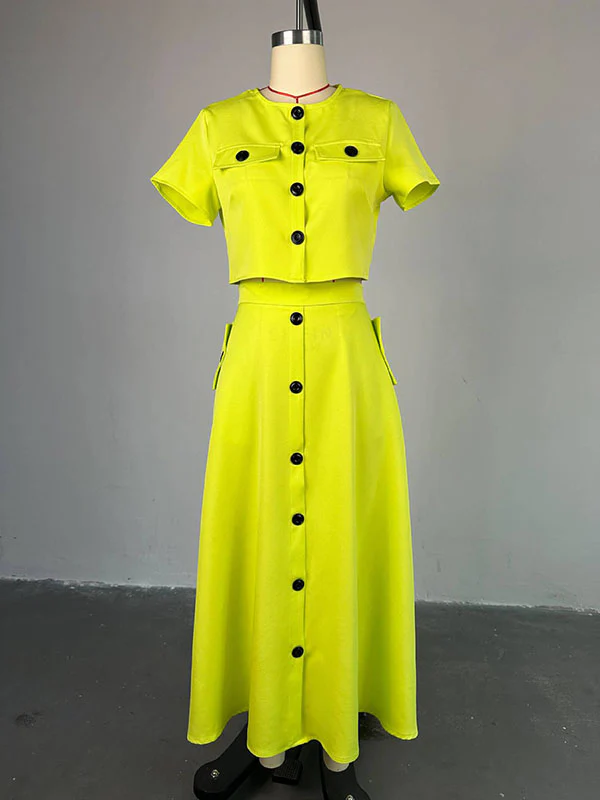 Buttoned Pockets Split-Joint Round-Neck T-Shirt Top + A-Line High Waisted Skirts Bottom Two Pieces Set - Image 4