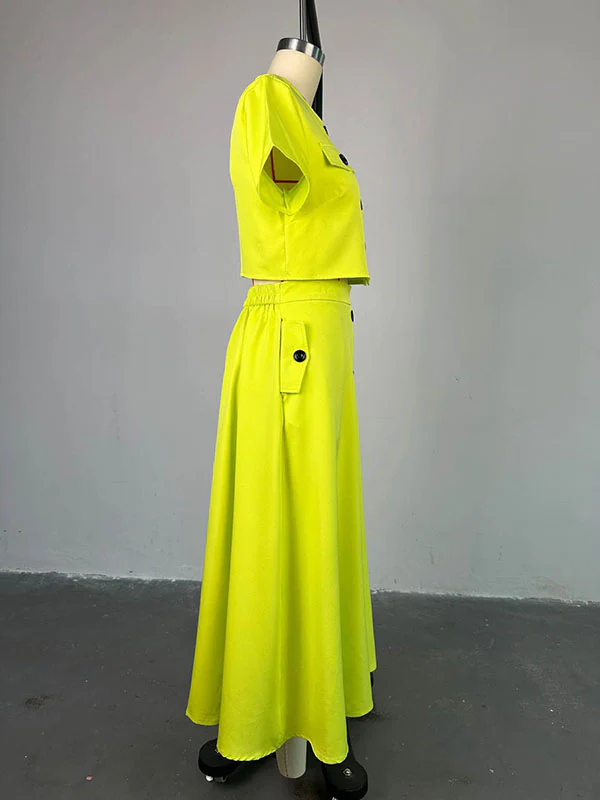 Buttoned Pockets Split-Joint Round-Neck T-Shirt Top + A-Line High Waisted Skirts Bottom Two Pieces Set - Image 5