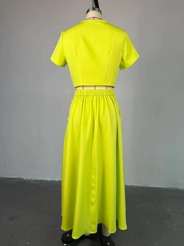 Buttoned Pockets Split-Joint Round-Neck T-Shirt Top + A-Line High Waisted Skirts Bottom Two Pieces Set - Image 6