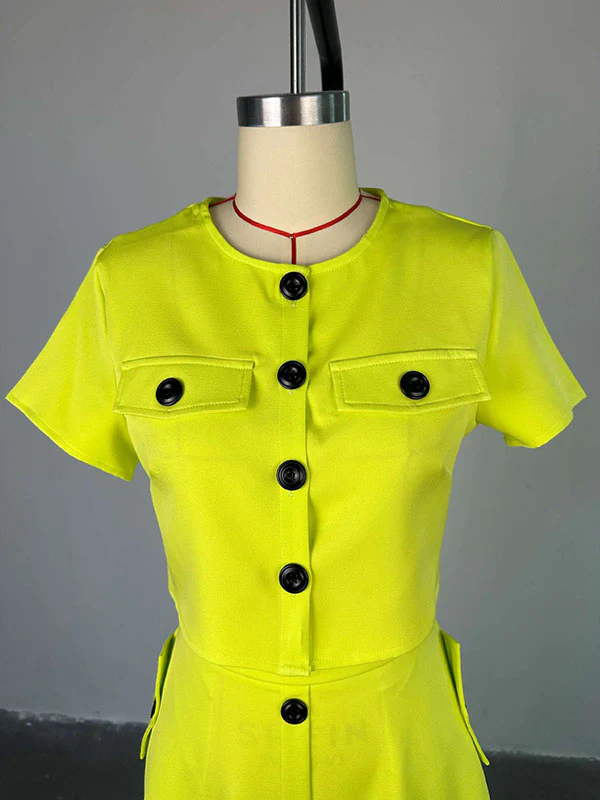 Buttoned Pockets Split-Joint Round-Neck T-Shirt Top + A-Line High Waisted Skirts Bottom Two Pieces Set - Image 7