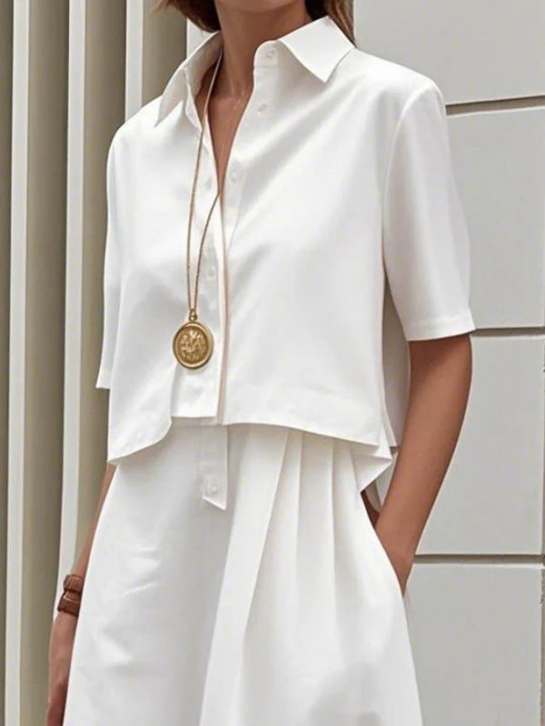 False Two Half Sleeves Buttoned Solid Color Lapel Midi Dresses Shirt Dress - Image 2