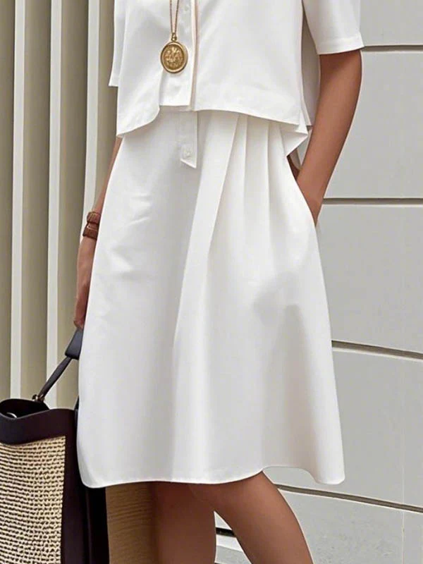 False Two Half Sleeves Buttoned Solid Color Lapel Midi Dresses Shirt Dress - Image 3