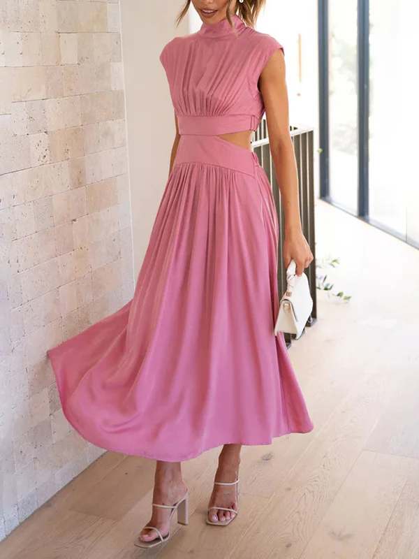 Cap Sleeve Belly-Hollow Pleated Solid Color Stand Collar Maxi Dresses - Image 10
