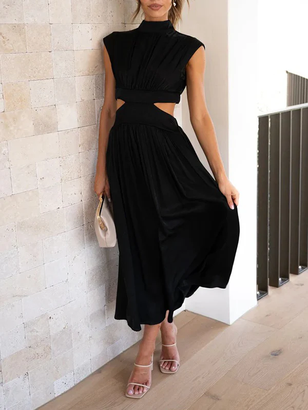 Cap Sleeve Belly-Hollow Pleated Solid Color Stand Collar Maxi Dresses - Image 12