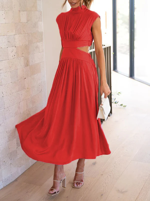 Cap Sleeve Belly-Hollow Pleated Solid Color Stand Collar Maxi Dresses - Image 14