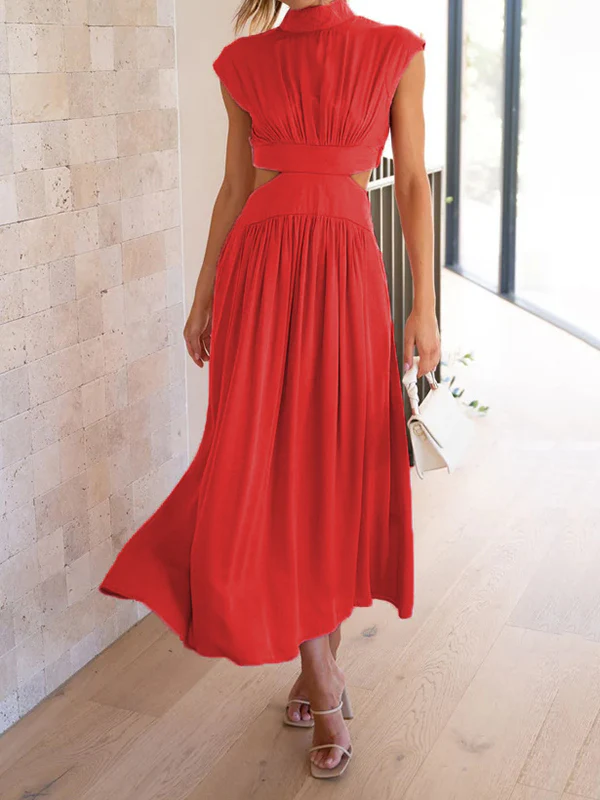Cap Sleeve Belly-Hollow Pleated Solid Color Stand Collar Maxi Dresses - Image 15