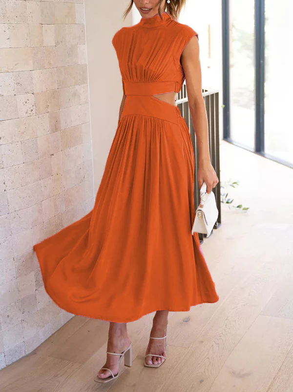 Cap Sleeve Belly-Hollow Pleated Solid Color Stand Collar Maxi Dresses - Image 16