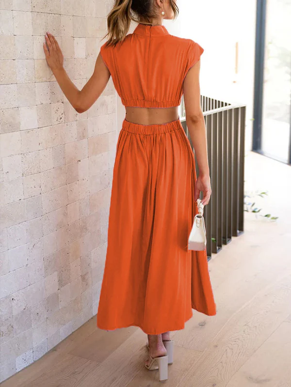 Cap Sleeve Belly-Hollow Pleated Solid Color Stand Collar Maxi Dresses - Image 17