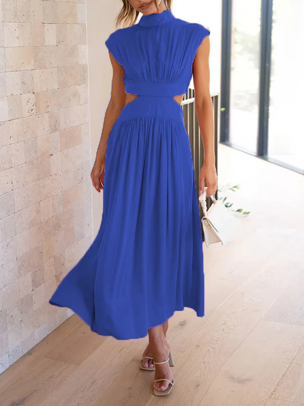 Cap Sleeve Belly-Hollow Pleated Solid Color Stand Collar Maxi Dresses - Image 18