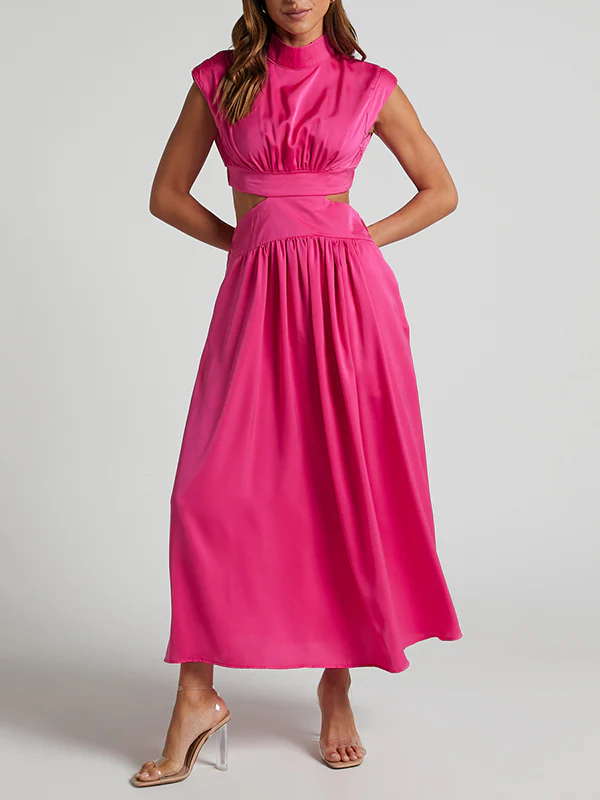 Cap Sleeve Belly-Hollow Pleated Solid Color Stand Collar Maxi Dresses - Image 19