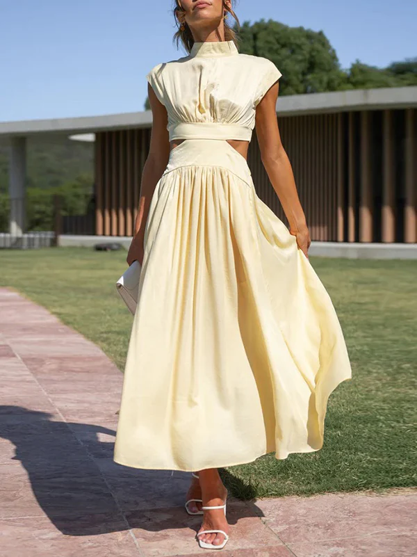 Cap Sleeve Belly-Hollow Pleated Solid Color Stand Collar Maxi Dresses - Image 2