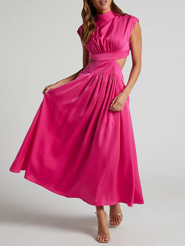 Cap Sleeve Belly-Hollow Pleated Solid Color Stand Collar Maxi Dresses - Image 20